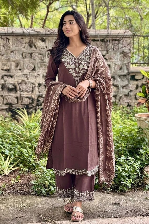 Brown Cotton Embroidered Kurti Pant Set with Matching Dupatta