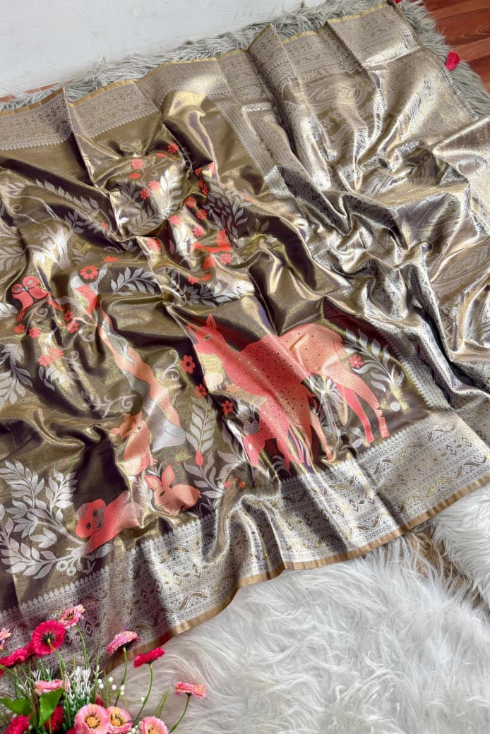 Nature’s Symphony Tissue Silk Saree – Deer & Jungle Motif Collection