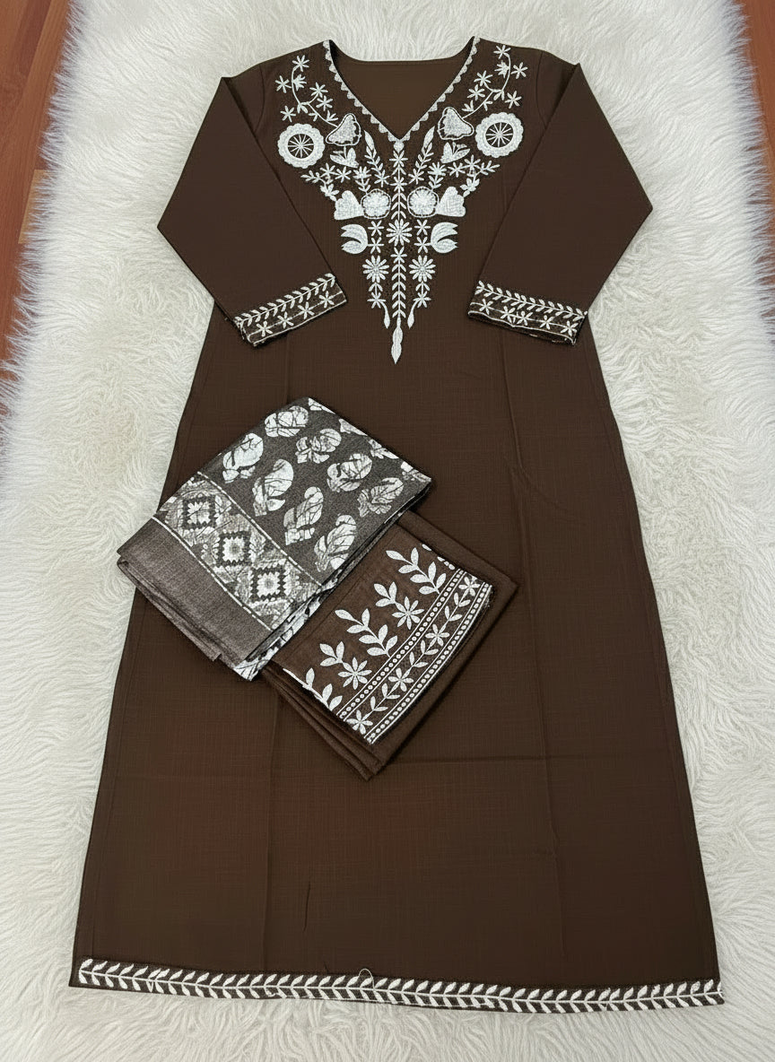Brown Cotton Embroidered Kurti Pant Set with Matching Dupatta