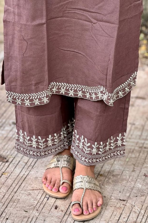 Brown Cotton Embroidered Kurti Pant Set with Matching Dupatta