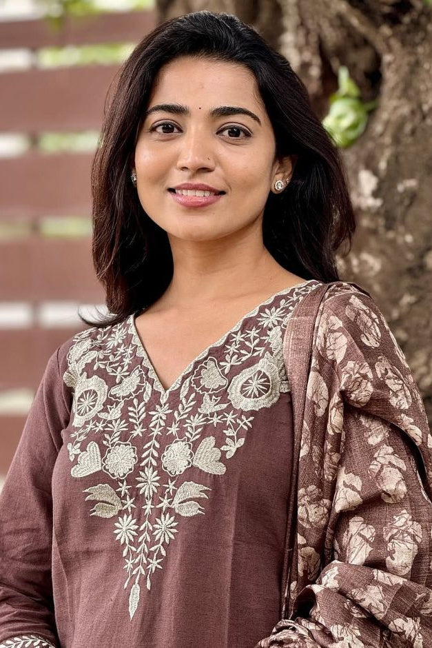 Brown Cotton Embroidered Kurti Pant Set with Matching Dupatta