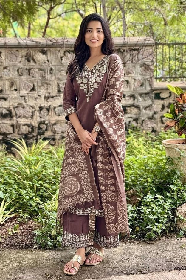Brown Cotton Embroidered Kurti Pant Set with Matching Dupatta