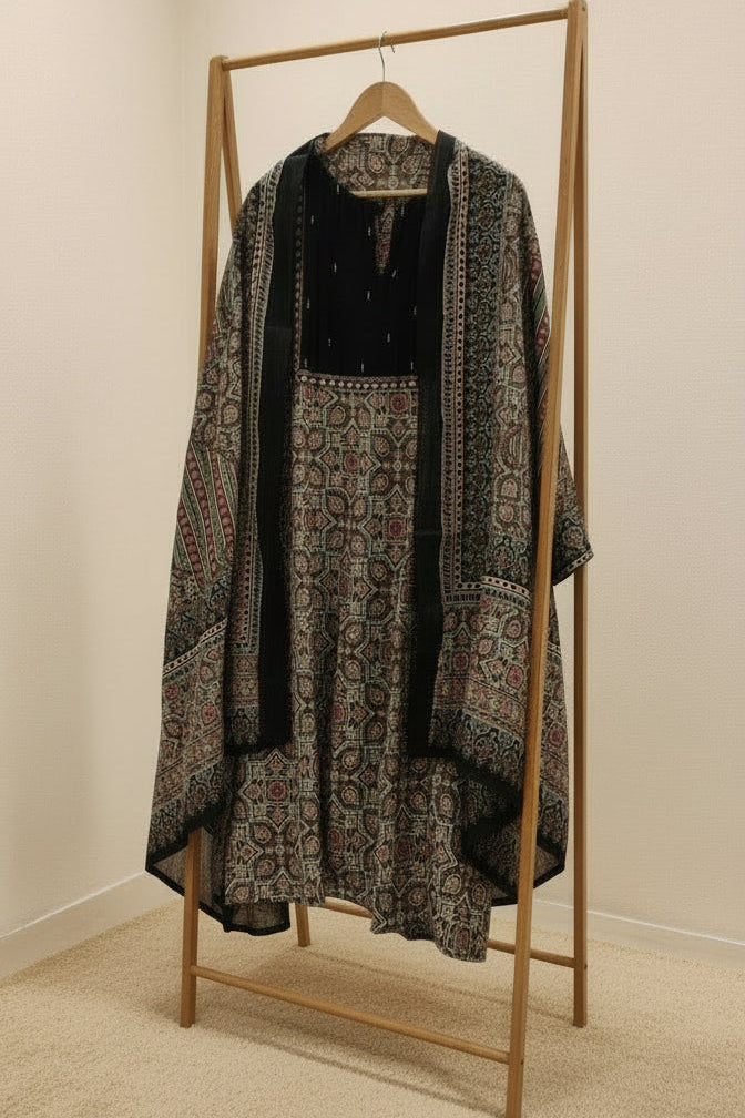 Ajrakh Inspired Pure Cotton Suit Set (Kurti, Pant & Dupatta) – Black & Multicolor