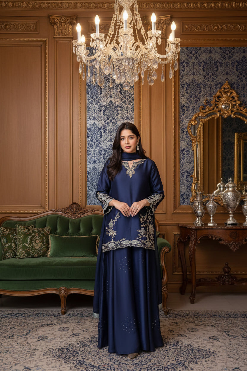 Midnight Royale Crepe Silk Sharara Set with Organza Dupatta