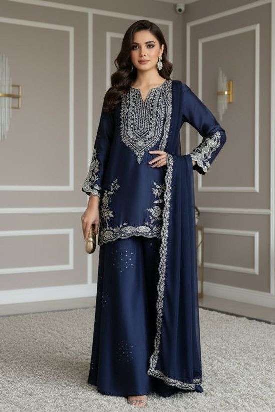 Midnight Royale Crepe Silk Sharara Set with Organza Dupatta