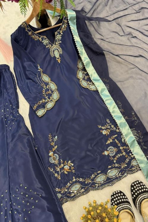 Midnight Royale Crepe Silk Sharara Set with Organza Dupatta