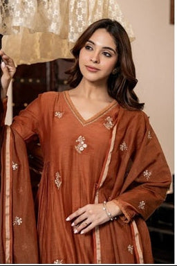 Rust Terracotta Chanderi Silk Embroidered Anarkali Suit with Dupatta