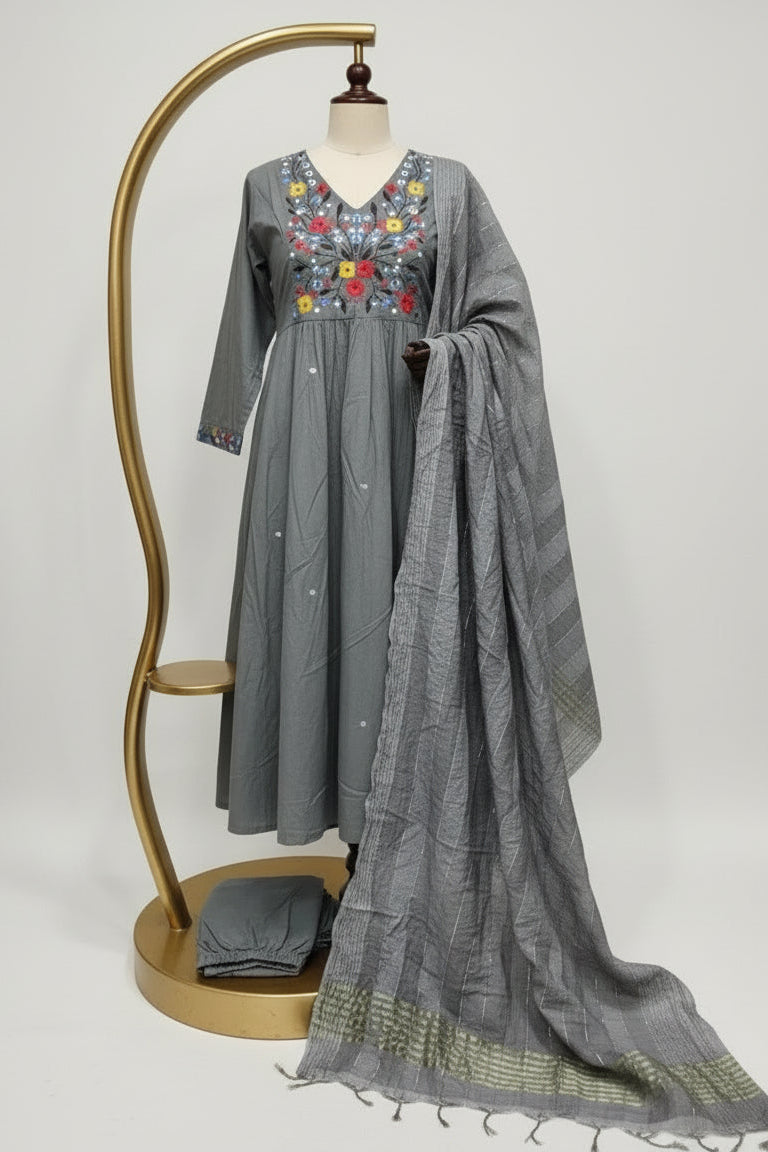 Grey Mul Cotton Embroidered Kurti Pant Set with Matching Dupatta