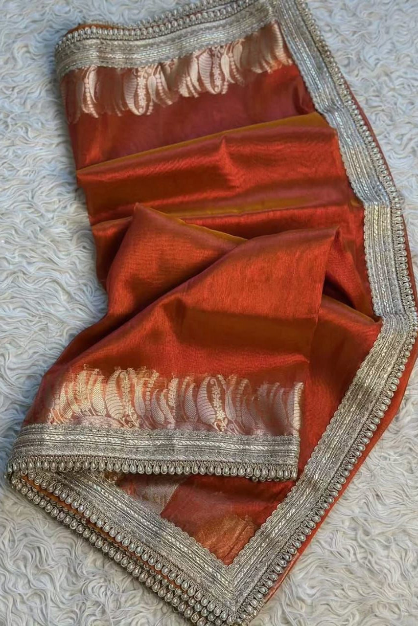 Regal Orange Banarasi Tissue Silk Saree with Antique Zari & Pearl Border
