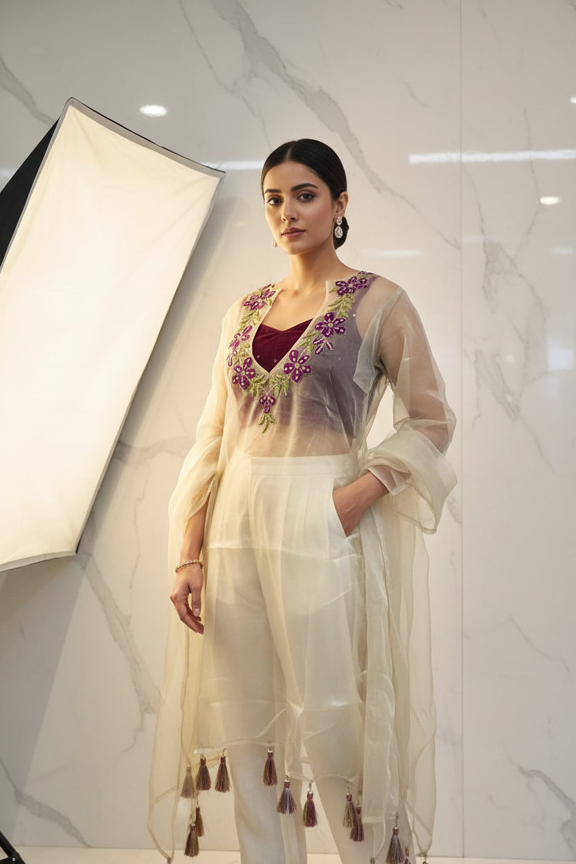 Ivory Organza Floral Embroidered Kurta Set