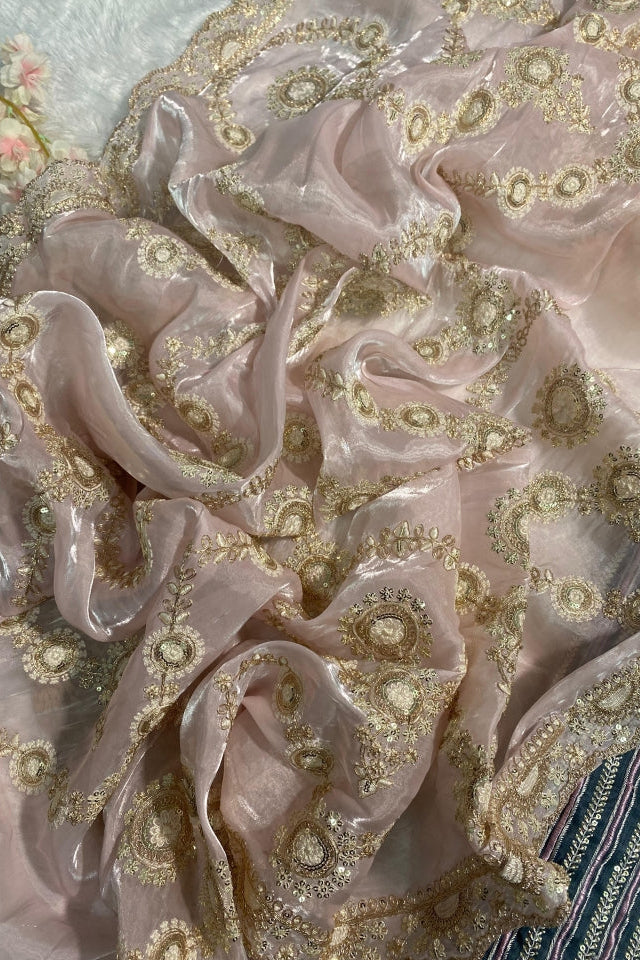 Regal Soft Satin Organza Saree with Heavy Embroidery & Contrast Blouse