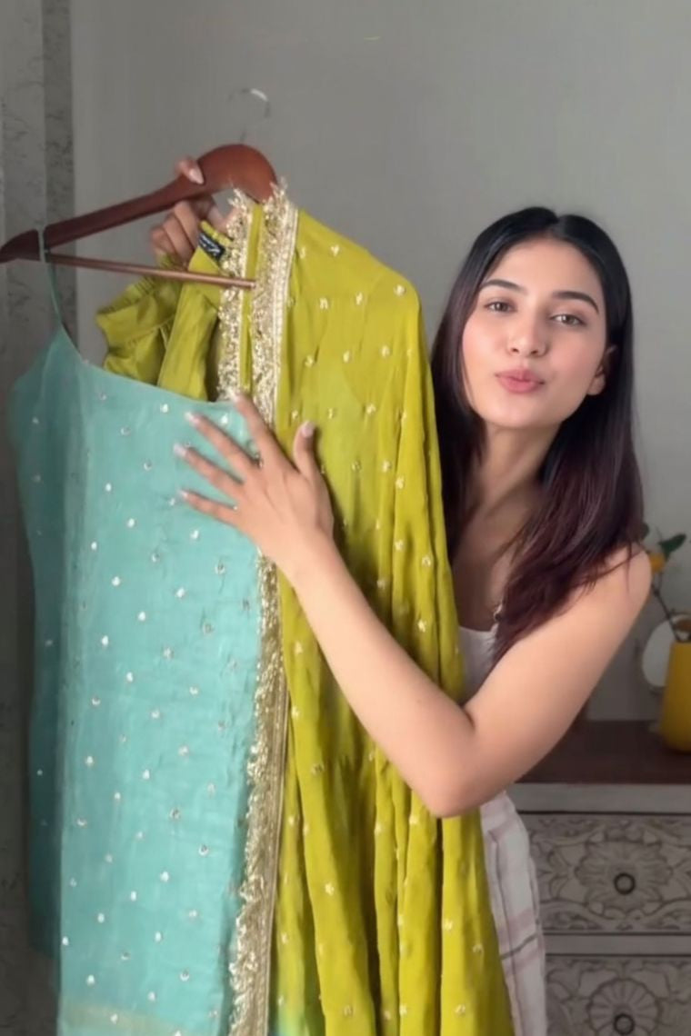 Aqua Lime Chinon Silk Sequins Palazzo Set with Designer Dupatta