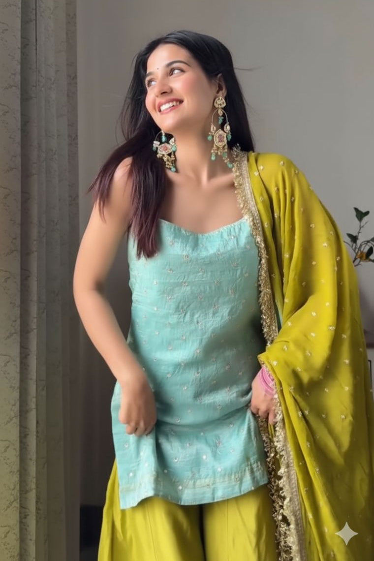 Aqua Lime Chinon Silk Sequins Palazzo Set with Designer Dupatta