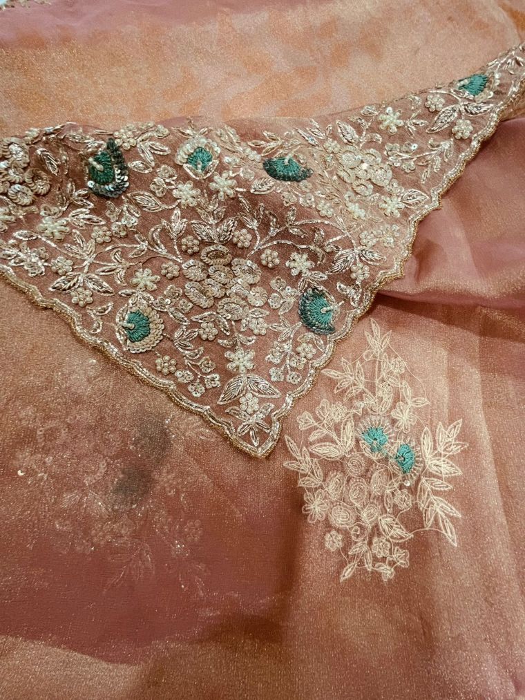 Blush Pink Tissue Kanjivaram Saree with Silver Zari & Teal Floral Embroidery