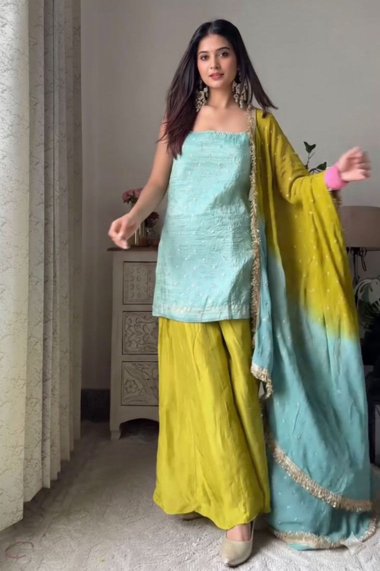 Aqua Lime Chinon Silk Sequins Palazzo Set with Designer Dupatta