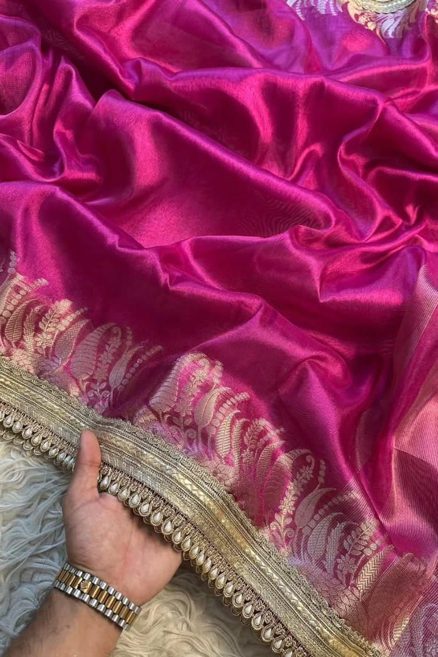Regal Rani Pink Banarasi Tissue Silk Saree with Antique Zari & Pearl Border