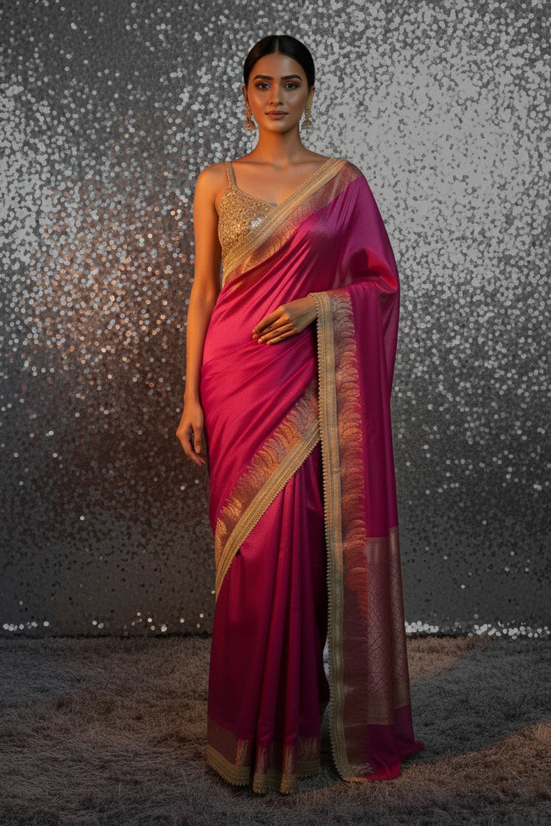 Regal Rani Pink Banarasi Tissue Silk Saree with Antique Zari & Pearl Border