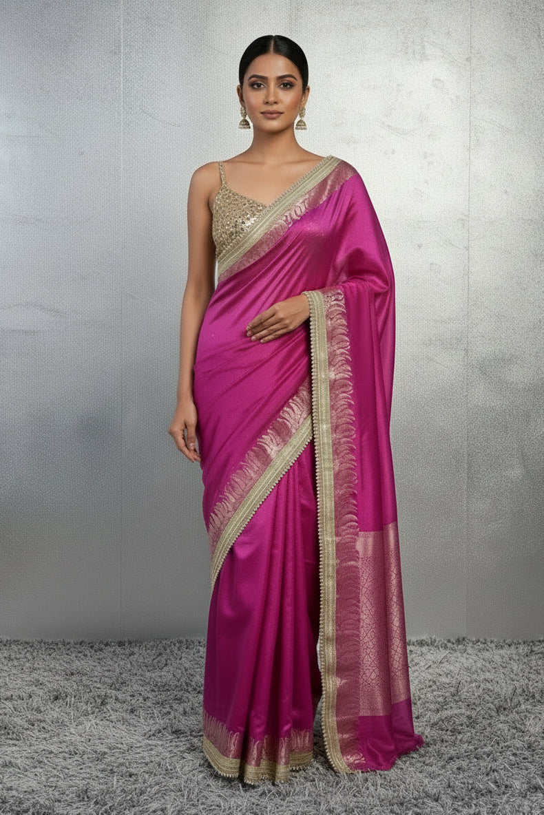 Regal Rani Pink Banarasi Tissue Silk Saree with Antique Zari & Pearl Border