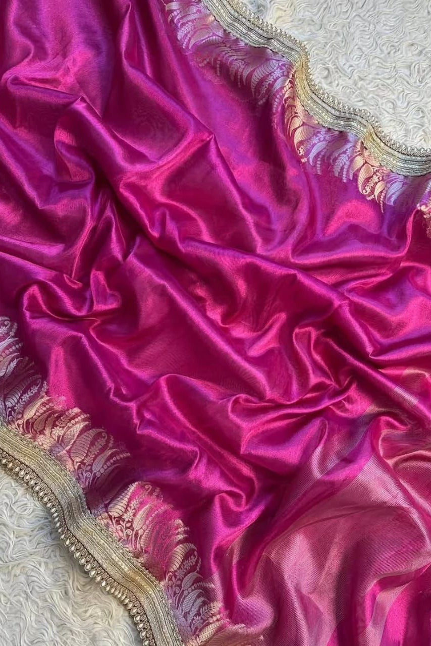 Regal Rani Pink Banarasi Tissue Silk Saree with Antique Zari & Pearl Border