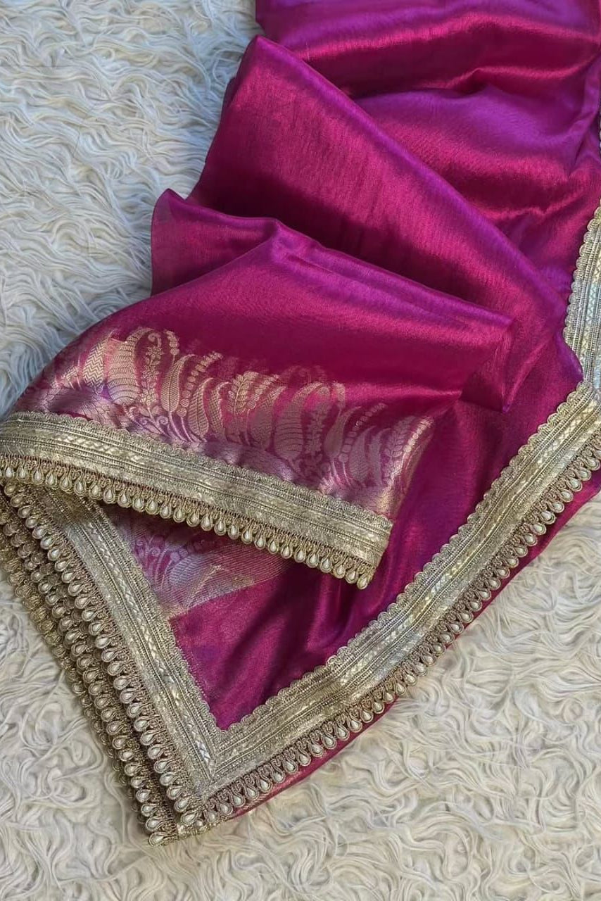 Regal Rani Pink Banarasi Tissue Silk Saree with Antique Zari & Pearl Border