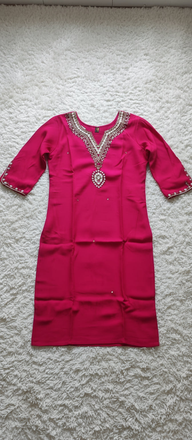 Roman Silk Kurti Set with Pearl & Mirror Embroidery and Banarasi Dupatta