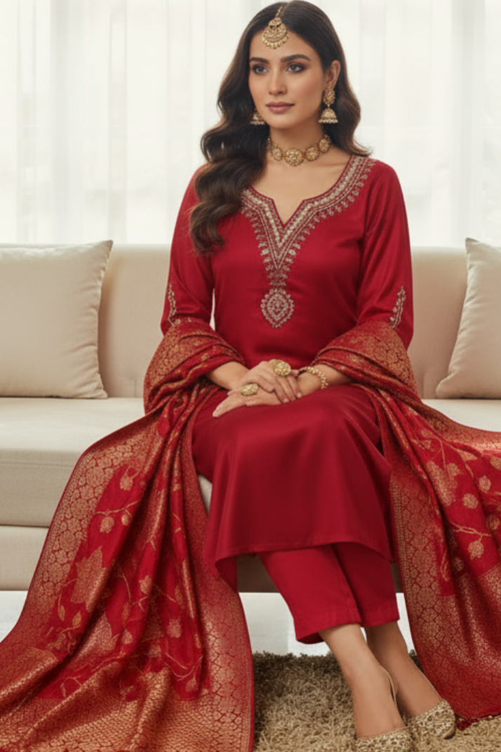 Roman Silk Kurti Set with Pearl & Mirror Embroidery and Banarasi Dupatta