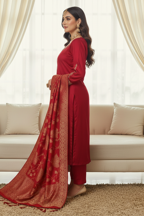 Roman Silk Kurti Set with Pearl & Mirror Embroidery and Banarasi Dupatta