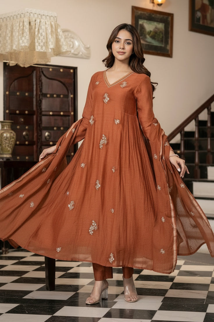 Rust Terracotta Chanderi Silk Embroidered Anarkali Suit with Dupatta