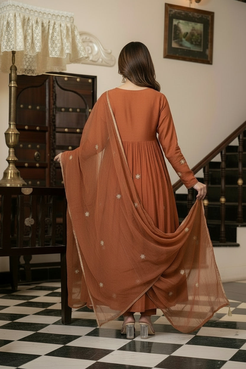 Rust Terracotta Chanderi Silk Embroidered Anarkali Suit with Dupatta
