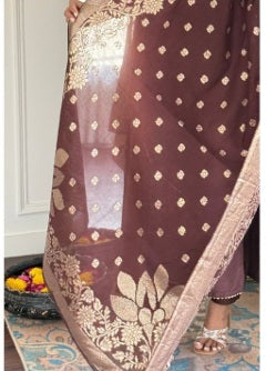 Mocha Brown Pure Silk Embroidered Suit with Dupatta
