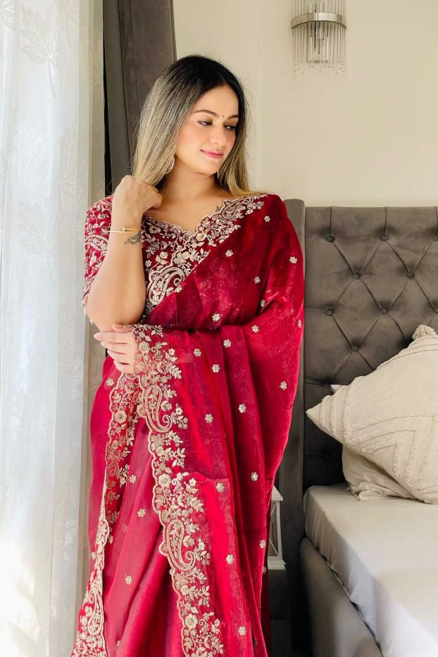 Premium Fendy Satin Saree with 3mm Sequin Embroidery & Heavy Border