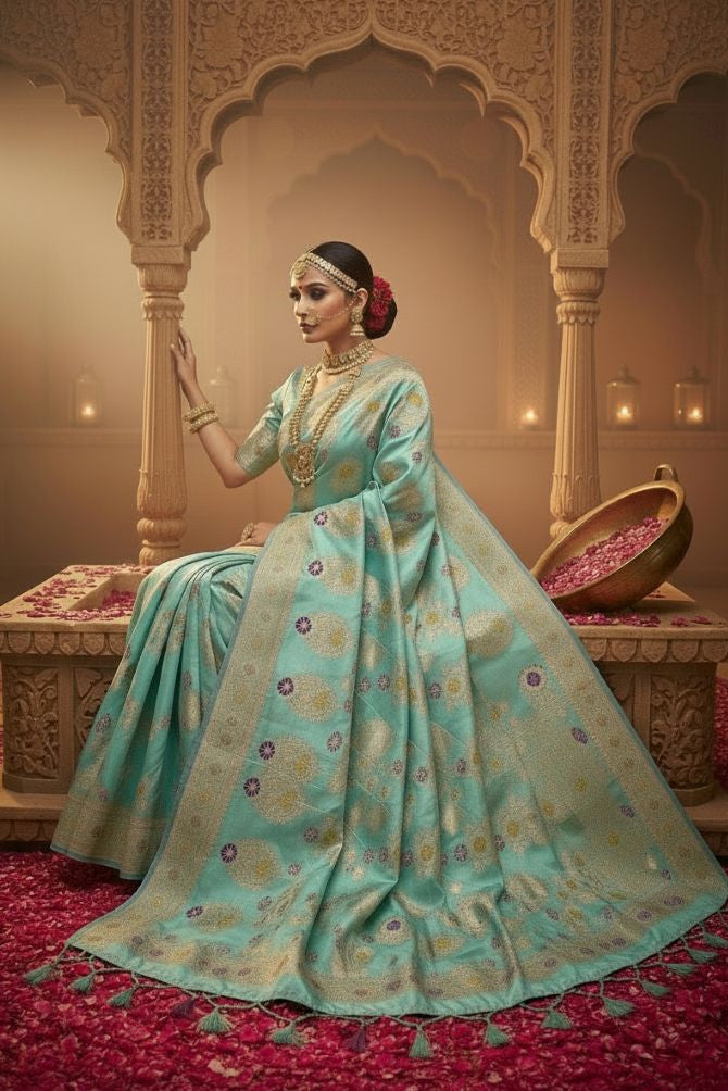 Super Soft Sky Blue Mashru Banarasi Silk Saree with Golden Zari