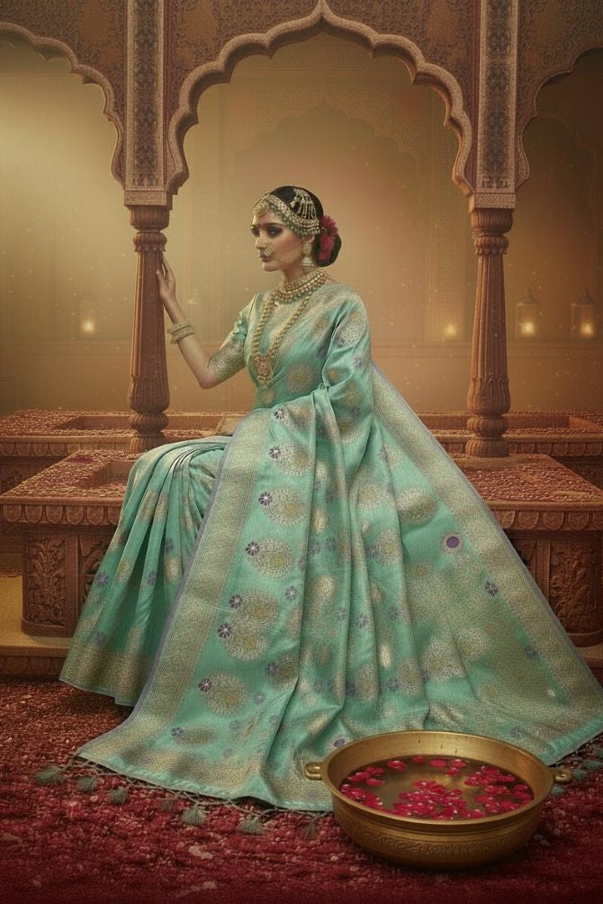 Super Soft Sky Blue Mashru Banarasi Silk Saree with Golden Zari