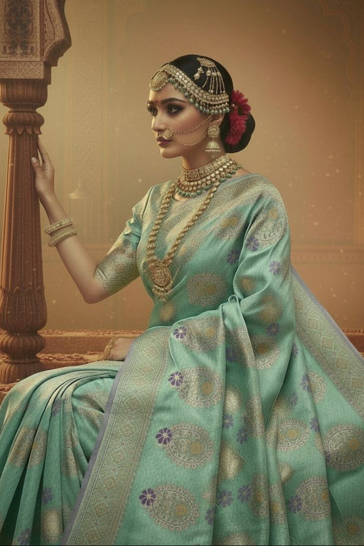 Super Soft Sky Blue Mashru Banarasi Silk Saree with Golden Zari