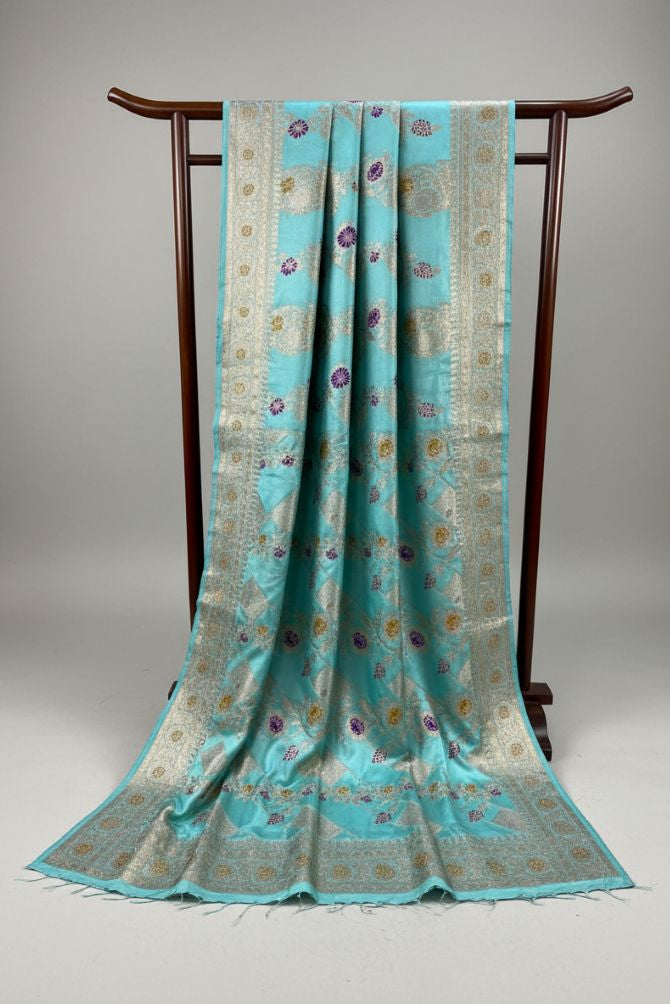 Super Soft Sky Blue Mashru Banarasi Silk Saree with Golden Zari