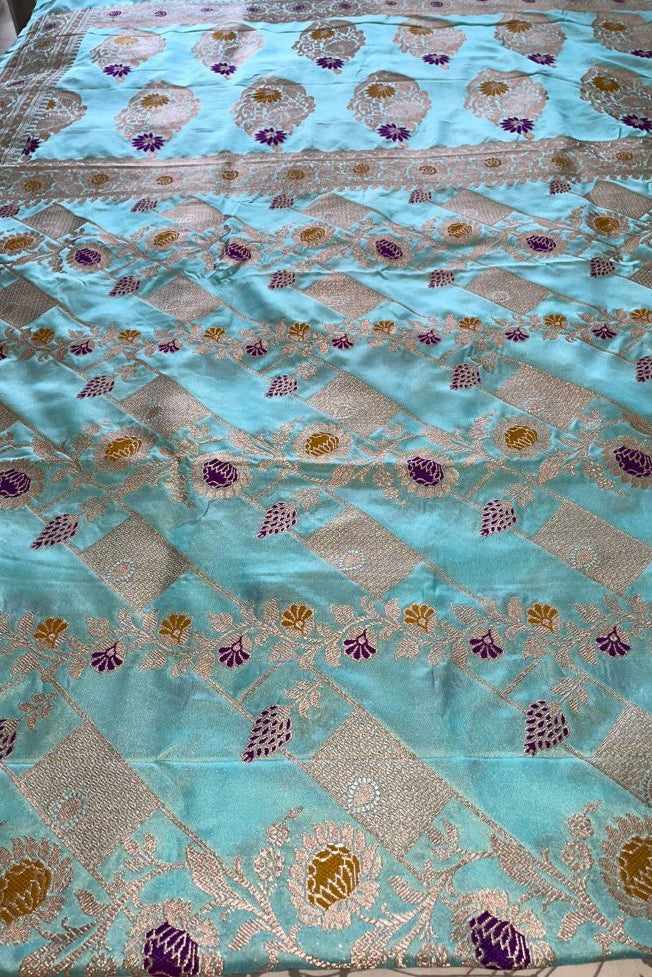 Super Soft Sky Blue Mashru Banarasi Silk Saree with Golden Zari