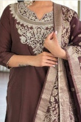 Mocha Brown Pure Silk Embroidered Suit with Dupatta