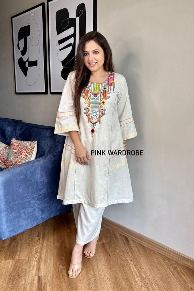 Ivory Khadi Cotton Hand-Embroidered Cord Set