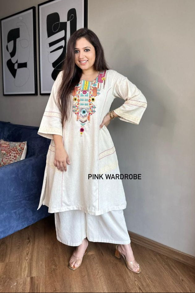 Ivory Khadi Cotton Hand-Embroidered Cord Set