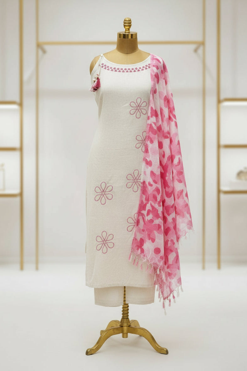 Cotton Flex Embroidered Kurti Pant Set with Printed Dupatta
