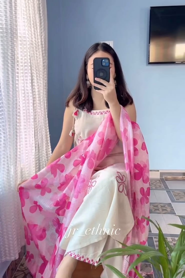 Cotton Flex Embroidered Kurti Pant Set with Printed Dupatta