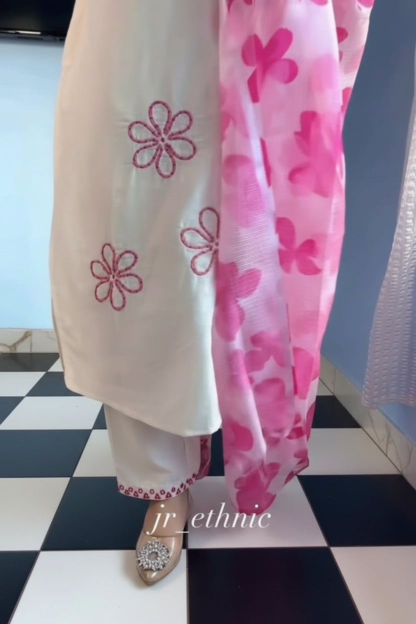 Cotton Flex Embroidered Kurti Pant Set with Printed Dupatta